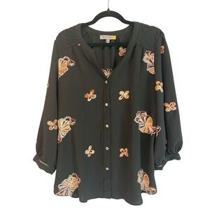 FIGUEROA & FLOWER Black Floral Embroidered Button Front Blouse Women's Large